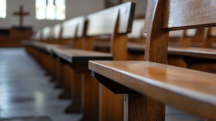 Poster - Wooden church benches arranged in a peaceful interior space with soft lighting : Generative AI