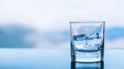 Aufkleber - Glass of cold water with ice cubes against a soft blurred background evoking a refreshing drink moment : Generative AI