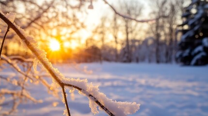 Aufkleber - Sunset Through Snowy Branches in a Winter Wonderland Landscape : Generative AI