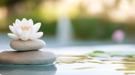 Poster - Beautiful White Lotus Flower on Pebble Stack Surrounded by Calm Water : Generative AI