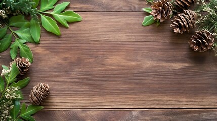 Aufkleber - Wooden table surrounded by natural elements such as pinecones and green leaves for a rustic feel : Generative AI