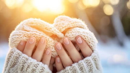 Poster - Warm Hands Embracing Cozy Knitwear Under Soft Winter Sunlight : Generative AI