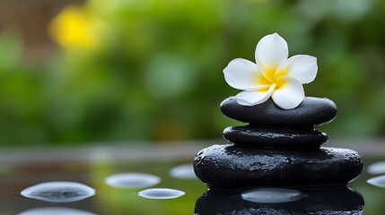 Poster - Elegant frangipani flower on a stack of black stones with serene green backdrop : Generative AI