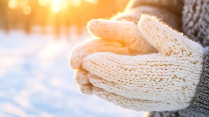 Poster - Cozy Hands Holding Warm Woolen Gloves Against a Golden Sunset in a Winter Wonder Land : Generative AI