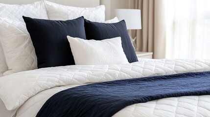 Leinwandbilder - Cozy plush bedding arrangement with contrasting pillows in a bright and inviting bedroom setup : Generative AI