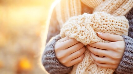 Poster - Cozy hands embracing a warm knitted scarf during a golden sunrise in nature : Generative AI