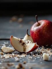 Poster - Fresh Red Apple Cut in Half with Texture and Crushed Nuts on Wooden Surface : Generative AI