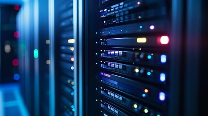 Fototapete - High tech data center with servers featuring colorful lights representing digital storage and network infrastructure : Generative AI
