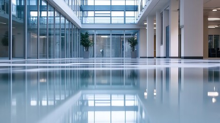 Poster - Modern Commercial Interior Office Space with Large Glass Windows and Reflections on Clean Glossy Floors : Generative AI