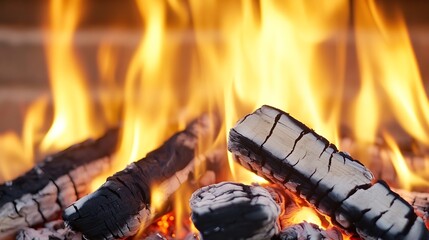 Aufkleber - Bright Flames Dancing with Charred Wood in Cozy Fireplace for Warmth and Comfort in Winter : Generative AI