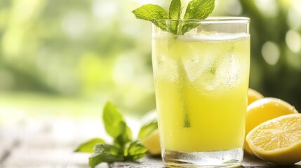 Poster - Refreshing Mint Lemonade in Glass with Lemon and Mint Garnish : Generative AI