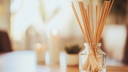 Aufkleber - Captivating arrangement of aromatic reed sticks in glass jar for home fragrance : Generative AI