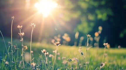 Fototapete - Closeup of delicate wildflowers sparkling under the golden sunlight in a lush meadow : Generative AI