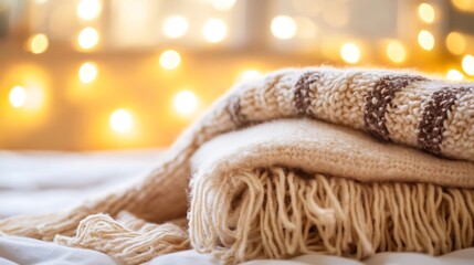 Poster - Folded Cozy Blankets with Beautiful Bokeh Lights in Background for Warm Atmosphere : Generative AI