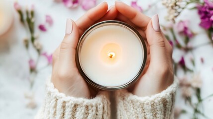 Aufkleber - Warm Scented Candle Held in Gently Styled Hands Surrounded by Delicate Flowers : Generative AI
