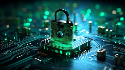 Cybersecurity Concept with Padlock and Circuit Board. Generative ai