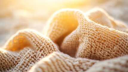Poster - Warm Beige Knitted Blanket Draped Comfortably on a Soft Surface in Sunlight : Generative AI