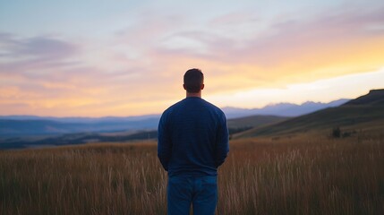 Leinwandbilder - Person standing alone in field at sunset reflecting on nature : Generative AI