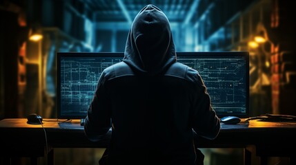 Cybercriminal in Hoodie Coding on Laptop in Dark Environment. Generative ai