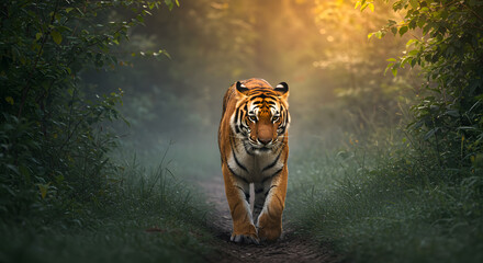 majestic tiger on the prowl: a powerful tiger strides purposefully down a path in a lush green fores