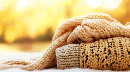 Poster - Stylish Folded Knit Sweater in Vibrant Autumn Colors on a Soft Background with Warm Light : Generative AI