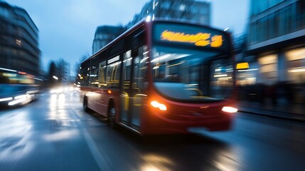 Aufkleber - Dynamic urban scene of a moving city bus amidst blurred city lights and rainy weather at dusk : Generative AI