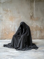 Poster - A haunting figure draped in black fabric seated on a bare floor exuding an aura of mystery and solitude : Generative AI