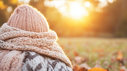 Poster - Person wearing warm knit sweater and scarf enjoying sunset in autumn outdoor scenery : Generative AI
