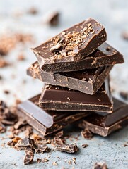 Aufkleber - Delicious dark chocolate bars stacked together with cocoa pieces surrounding them : Generative AI