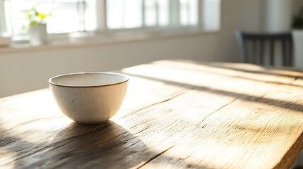 Aufkleber - A Simple White Bowl on a Sunlit Wooden Table for Minimalist Aesthetic : Generative AI