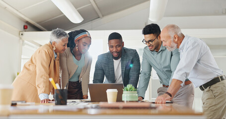 Aufkleber - Business people, planning and talking in meeting in office with discussion and creative decision making. Teamwork, professional employees and happy in boardroom for project feedback and brainstorming