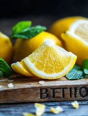 Aufkleber - Bright and fresh lemons with mint leaves arranged on a rustic wooden board ready for cooking : Generative AI