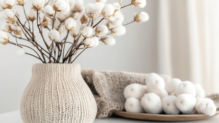 Poster - Artistic arrangement of cotton flowers in a knitted vase for home decor and a touch of nature indoors : Generative AI