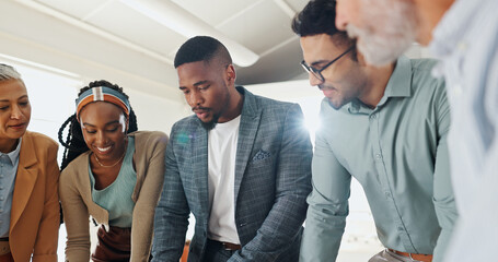 Aufkleber - Business people, planning and discussion in meeting in office with talking and creative decision making. Teamwork, professional employees and listen in boardroom for project feedback or brainstorming
