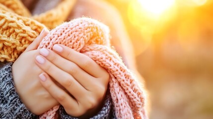 Poster - Woman Holding Cozy Knitted Scarves in Beautiful Golden Light Outdoors : Generative AI