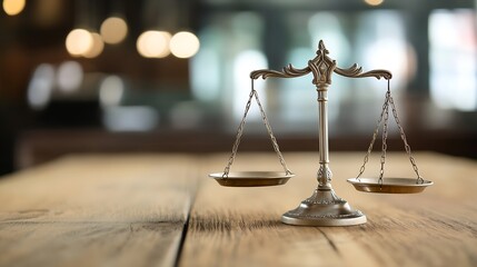 Poster - Elegant vintage balance scales placed on a rustic wooden table setting embodying justice and fairness in a warm ambiance : Generative AI