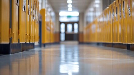 Leinwandbilder - Spacious School Hallway with Bright Yellow Lockers Leading to a Brightly Lit Entrance Area : Generative AI