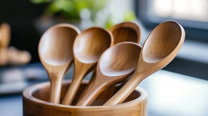 Aufkleber - Collection of Wooden Spoons in a Bowl Reflecting Natural Kitchen Aesthetics and Craftsmanship : Generative AI