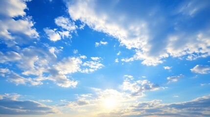 Wall Mural - Vibrant blue sky filled with fluffy white clouds and sun rays during a beautiful day : Generative AI