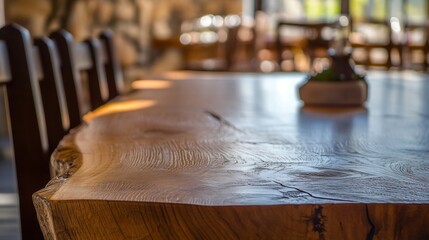 Poster - Closeup view of a rustic wooden tabletop highlighting its natural texture and warm tones in a cozy setting : Generative AI