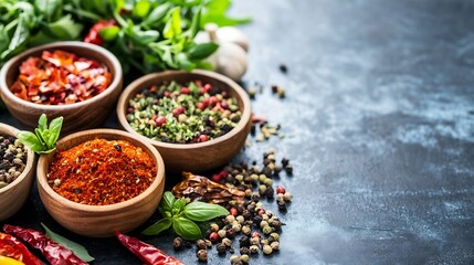 Poster - Vibrant collection of flavorful spices and herbs arranged in wooden bowls for cooking inspiration : Generative AI