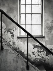 Poster - Vintage style staircase with railing leading to a window in a historic building exuding character and charm : Generative AI