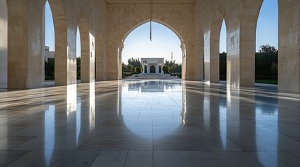 Poster - Elegant architectural structure featuring reflective marble floors and majestic arches creating an inviting atmosphere : Generative AI