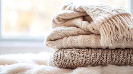 Poster - Neatly Stacked Cozy Knit Blankets on Soft Surface with Natural Light : Generative AI