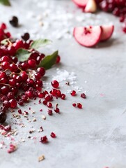 Poster - Vibrant red currants and apples scattered on a textured surface with salt grains : Generative AI