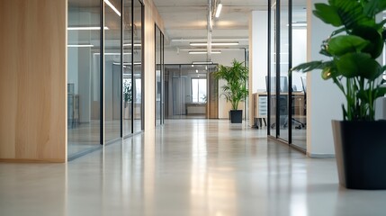Poster - Bright and spacious office corridor with glass walls and greenery in a modern workplace : Generative AI