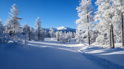 Aufkleber - Serene winter landscape with snowcovered trees and a clear blue sky in a peaceful setting : Generative AI