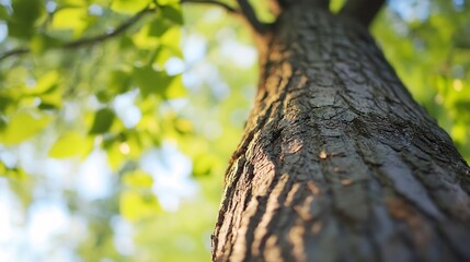 Aufkleber - Detailed view of a tree trunk with sunlight filtering through leaves creating a natural ambiance : Generative AI