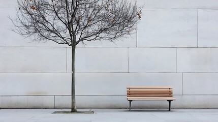 Poster - Lonely bench under a bare tree against a minimalist stone wall in a serene urban setting : Generative AI