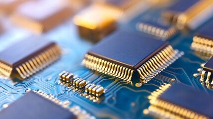 Poster - Detailed macro view of several microchips on a green circuit board with intricate connections : Generative AI
